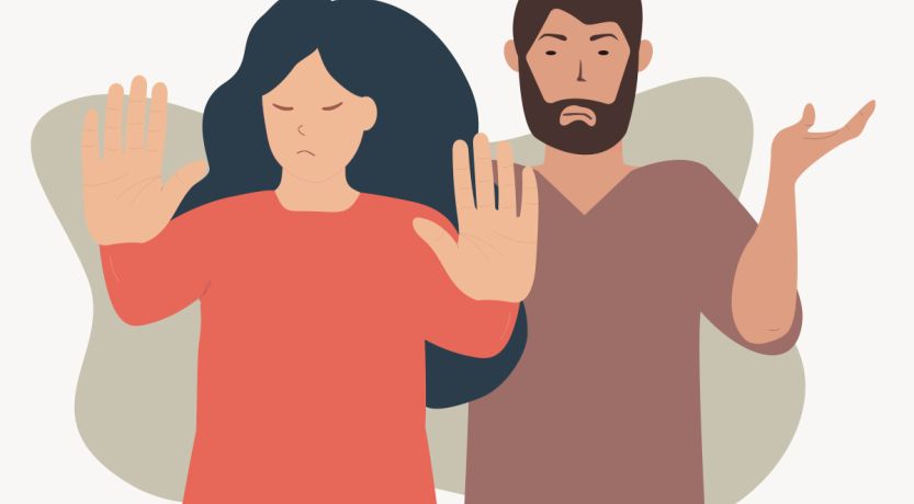 Graphic of woman and man in first-century clothing signaling stop and displeasure. To illustrate the article Jesus Rejected at Nazareth.