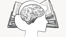 Line drawing of a brain over a woman's head over a open book, to illustrate the article Let This Mind Be in You