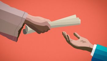 Graphic of the arm of someone dressed in ancient clothing handing a scroll to someone dressed in a modern suit to illustrate the article 