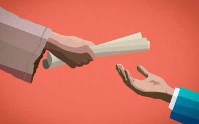 Graphic of the arm of someone dressed in ancient clothing handing a scroll to someone dressed in a modern suit to illustrate the article 