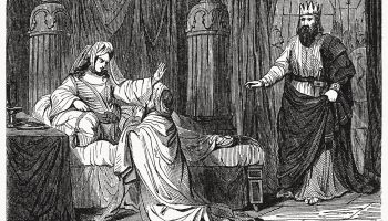 Woodcut image of Haman begging Esther for his life, to illustrate the article 