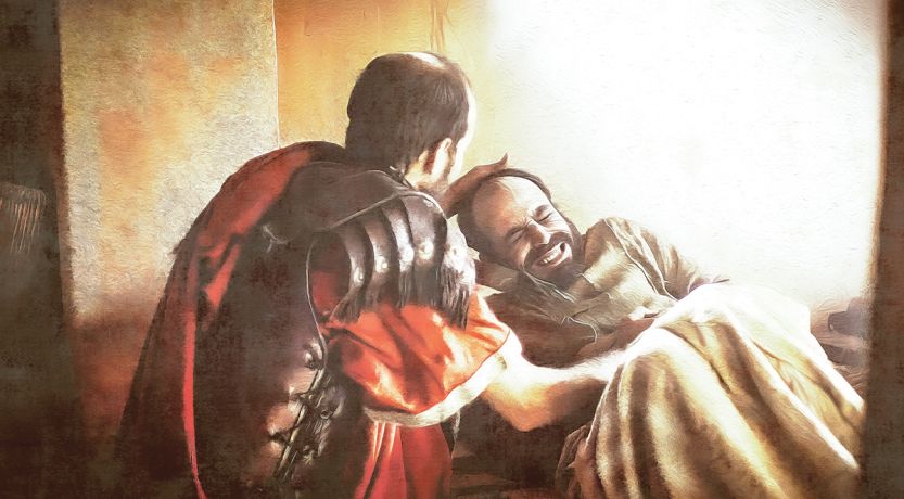 Graphic of a Roman centurion leaning over an ill man to illustrate the article Jesus and the Roman Centurion.