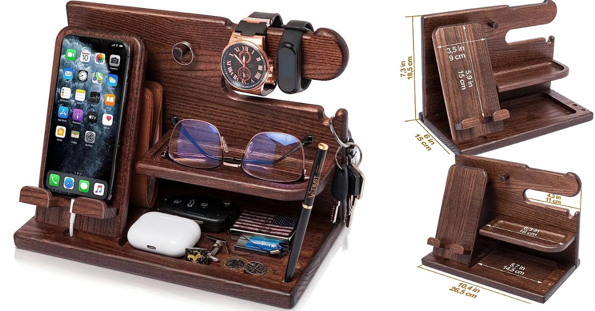 TESLYAR Wood Phone Docking Station Ash Key Holder Stand Watch Organizer Men Husband Wife Anniversary Dad Birthday Nightstand Purse Father Graduation Male Travel Idea Gadgets