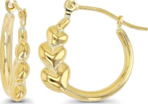 14K Gold Solid Hypoallergenic Heart Hoop Earrings - Tricolor Gold, Two Tone, Heart Shaped, Triple Heart, Shrimp Hoops