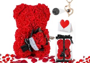 Rose Bear Handmade Rose Teddy Bear with Box and I Love You Necklace Rose Flower Bears Romantic Gifts for Girlfriend Valentiness Mothers Day Anniversary Birthday (Red)