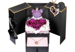 ADDWel Preserved Real Purple Roses Gifts for Her, Cute Moss Bear and Meaningful Forever Roses with I Love You Necklace 100 Languages Present for Girlfriend Wife Mom from Husband Boyfriend Daughter Son