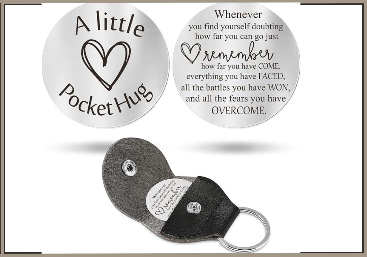 Pocket Hug Token Long Distance Relationship Keepsake Stainless Steel Double Sided Inspirational Gift with PU Leather Keychain