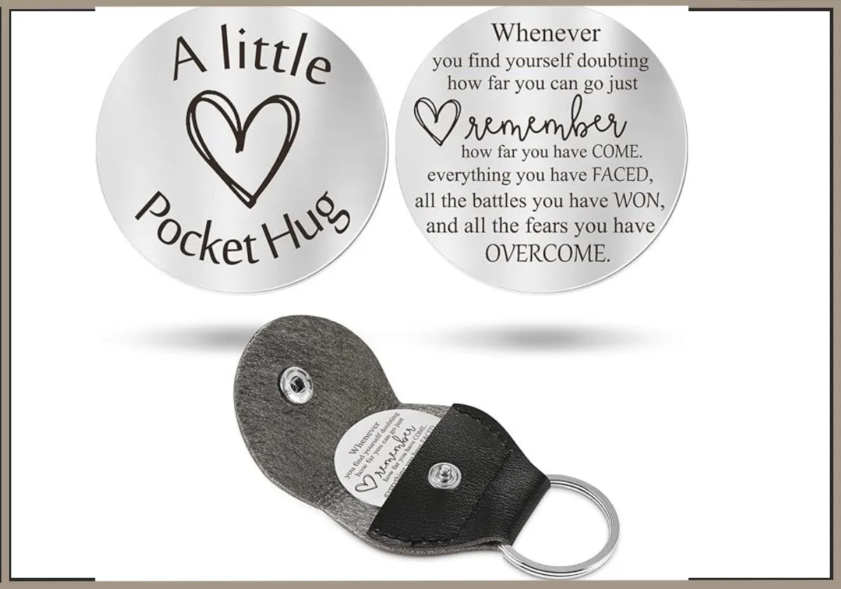 Pocket Hug Token Long Distance Relationship Keepsake Stainless Steel Double Sided Inspirational Gift with PU Leather Keychain