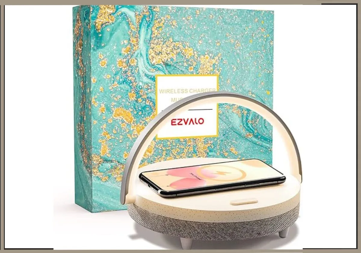 EZVALO LED Night Light, Music Bedside Lamp with Charger, 4 in 1 Touch Lamp, Portable Bluetooth Speaker, Phone Holder, Dimmable Wireless Charging Lamp Birthday Gifts for Women, Men, Dad, Mom